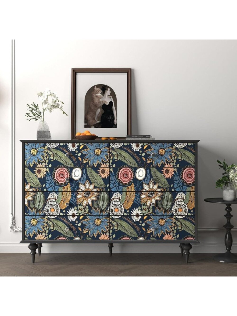 Blue Boho Peel and Stick Wallpaper - Vintage Floral Self-Adhesive Decor 17.5” x - Picture 3 of 6